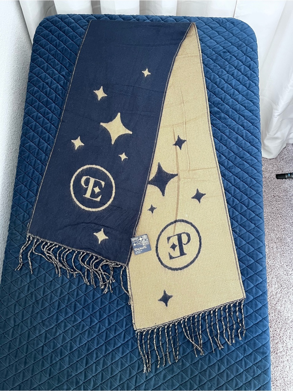 Reversible Navy and Ecru Star Motif Scarf with Monogram Accent Tassels 12”x72”
